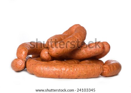 Connected Links of polish sausage isolated on white.