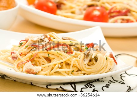 Rich  pasta carbonara with mushroom and crab