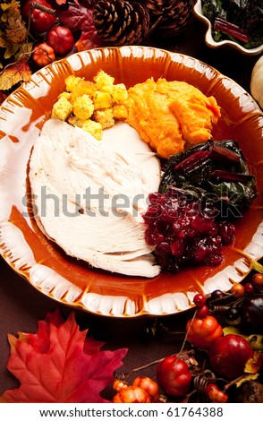 Thanksgiving meal of sliced turkey breast, Swiss chard, mashed sweet potato, stuffing and cranberry sauce
