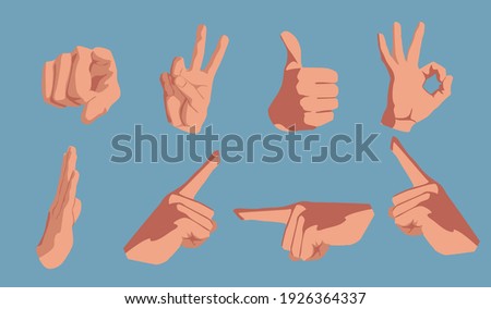 a set of hands that show different gestures, peace, ok, direction, ok, thumb up, forefinger, flat vector illustration