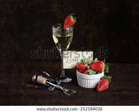 wine with strawberries on a dark background for Valentine\'s Day