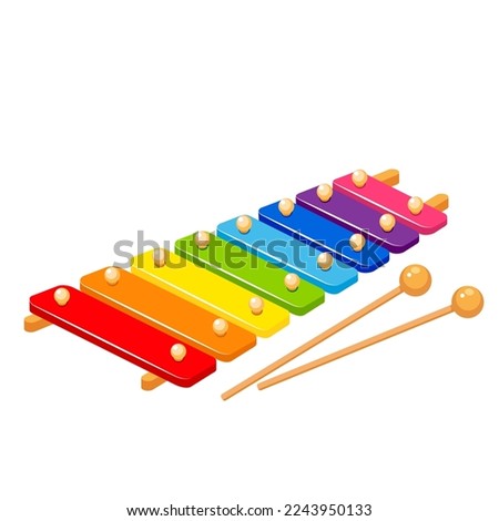 Colorful wooden xylophone with sticks on a white background