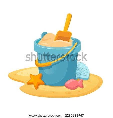 Sand beach with a sand bucket and tools to kids play