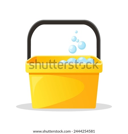 Yellow plastic bucket with soapy foamy water and bubbles for house cleaning isolated on a white background.