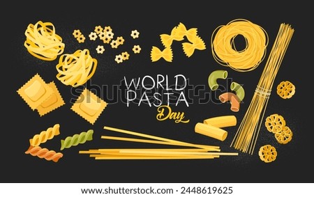 World pasta day poster design with different kinds of macarons on dark background with lettering.
