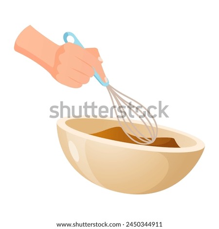 Process of preparing food with human hand that mixing ingredients in bowl isolated on white background.