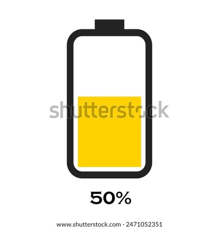 Battery charge indicator with 50% percent energy level isolated on white background.