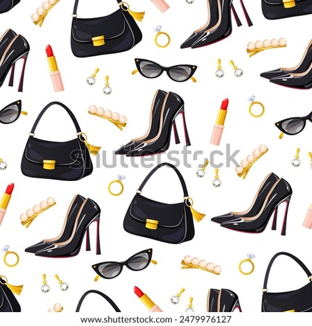 Vector seamless pattern with stylish girl's things includes golden jewelries, lipstick,fashionable sunglasses and black classic high heel shoes.