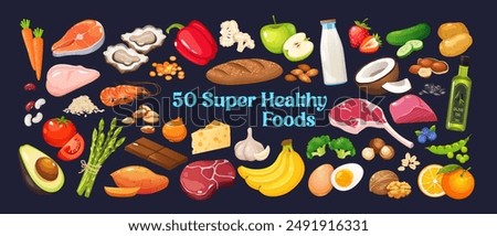 50 super healthy foods icons includes fruits,vegetables,nuts,seeds,protein products etc.