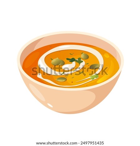 Vector illustration of yummy pumpkin creamy soup in bowl isolated on white background.