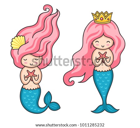 Cute little mermaids with pink hair. 