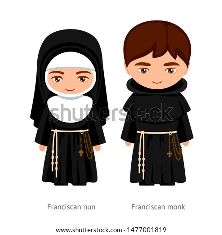 Franciscan monk and nun. Catholics. Religious man and woman. Cartoon character. Vector illustration.