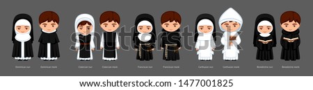 Catholic monks and nuns. Carthusians, Franciscans, Cistercians, Benedictines, Dominicans. Big set of cartoon characters. Vector flat illustration.