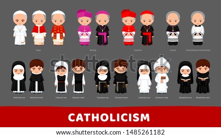 Catholicism. Pope, cardinal, bishop, priest, deacon, seminarian, monks, nuns and sisters. Cartoon characters. Vector illustration.