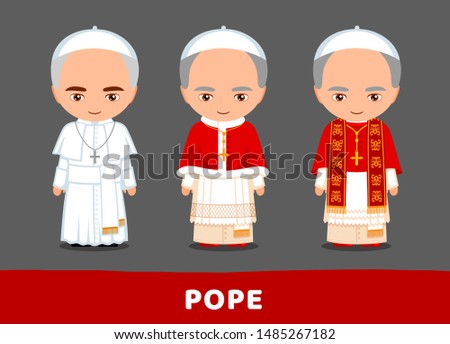 Pope. Ordinary and choir dresses. Vatican. Catholicism. Set of cartoon characters. Vector flat illustration.