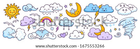 Set of cute weather forecast characters with funny faces. Clouds, sun, rainbow, tornado, rain and wind. Vector illustrations. 