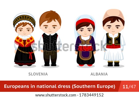 Slovenia, Albania. Men and women in national dress. Set of european people wearing ethnic clothing. Cartoon characters in traditional costume. Southern Europe. Vector flat illustration.