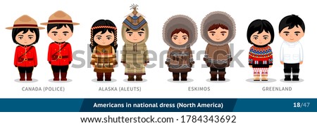 Canadian police, Alaska, aleuts, eskimos, Greenland. Men and women in national dress. Set of people wearing ethnic clothing. Cartoon characters. North America. Vector flat illustration.