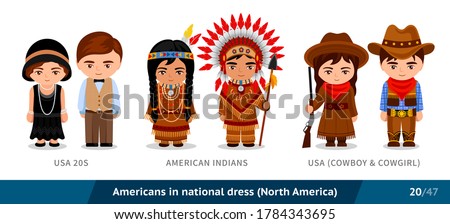USA 20s, American Indians, USA, cowboy and cowgirl. Men and women in national dress. Set of people wearing ethnic clothing. Cartoon characters. North America. Vector flat illustration.
