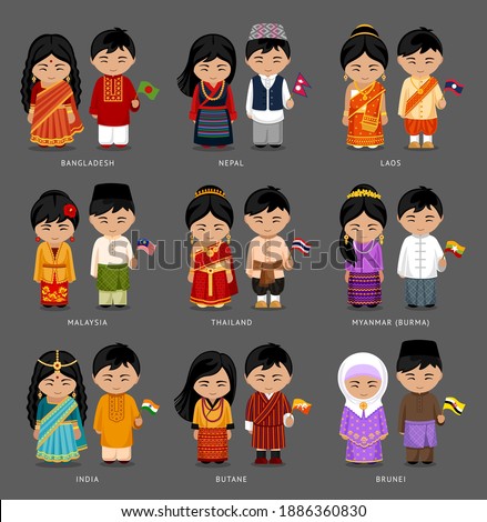 People in national dress. Burma (Myanmar), Brunei, Bhutan, Bangladesh, India, Nepal, Thailand, Malaysia, Laos. Set of asian pairs dressed in traditional costume. National clothes. Vector illustration.