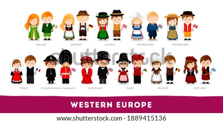 Europeans in national clothes. Western Europe. Set of cartoon characters in traditional costume. Cute people. Vector flat illustrations.