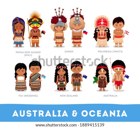 People in national clothes. Australia and Oceania. Set of cartoon characters in traditional costume. Vector flat illustrations.