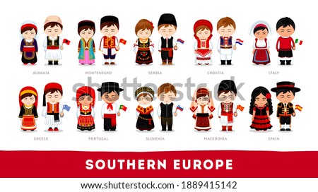 Europeans in national clothes. Southern Europe. Set of cartoon characters in traditional costume. Cute people. Vector flat illustrations.