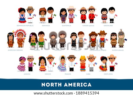 Americans in national clothes. North America. Set of cartoon characters in traditional costume. Cute people. Vector flat illustrations.