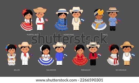 Latin Americans wearing national costume. Belizeans, Salvadorans, Paraguayans, Nicaraguans, Haitians, Puerto Ricans, Hondurans people. Couple in ethnic dress with national flag. Vector illustration