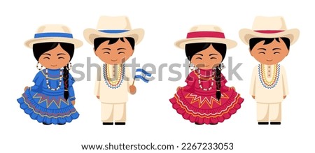 Honduran cartoon characters. Man and woman wearing Honduras national costume. Set of couple in traditional ethnic clothes. Flat vector isolated illustration.