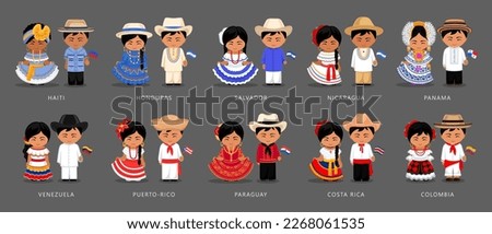 Latin Americans couple. Haiti, Honduras, Salvador, Nicaragua, Puerto Rico ethnic clothes. Panama, Venezuela, Costa Rica, Paraguay and Colombia national costume. Vector flat illustration.