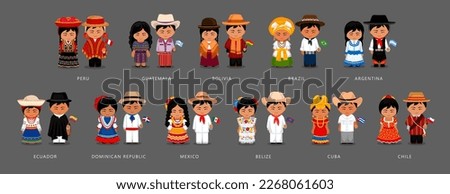 Latin Americans couple. Peru, Guatemala, Bolivia, Brazil, Argentina ethnic clothes. Ecuador, Dominican Republic, Mexico, Belize, Cuba and Chile national costume. Vector flat illustration.