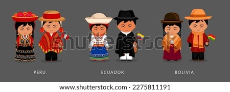 Peru, Ecuador, Bolivia ethnic costume. Woman wearing traditional dress, man with national flag. Latin American couple. Vector flat illustration.