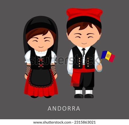 Woman and man in Andorra national costume. Andorrans couple, cartoon characters in traditional ethnic clothes. Flat vector illustration.