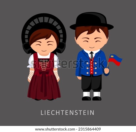 Woman and man in Liechtenstein national costume. Liechtensteiners couple, cartoon characters in traditional ethnic clothes. Flat vector illustration.