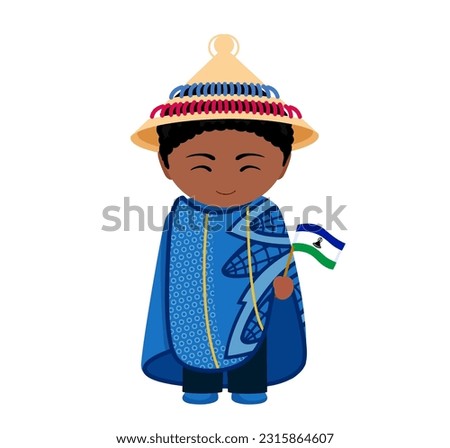 Lesotho male cartoon character in Basotho blanket ethnic costume with national flag. Man in Lesotho clothes. Isolated flat vector illustration.