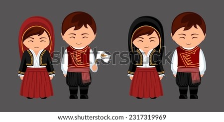 Cypriots in national costume. Couple in Cyprus traditional clothes. Man and woman cartoon character. Isolated flat vector illustration.