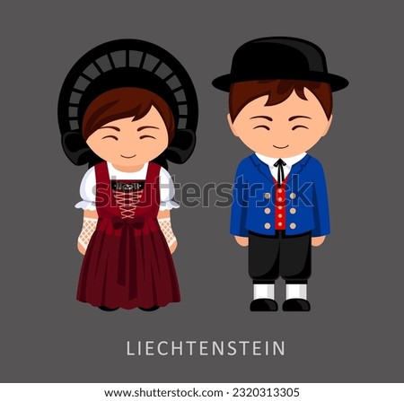 Woman and man in national costume. Liechtensteiners couple, cartoon characters in traditional Liechtenstein ethnic clothes. Flat vector 