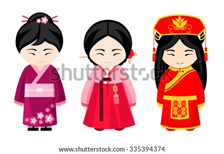 Cute Asian Girls In National Dress. Japanese, Chinese And Korean Women ...