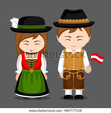 Austrians in national dress with a flag. Man and woman in traditional costume. Travel to Austria. People. Vector flat illustration.