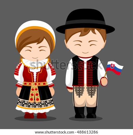 Slovaks in national dress with a flag. Man and woman in traditional costume. Travel to Slovakia. People. Vector flat illustration.