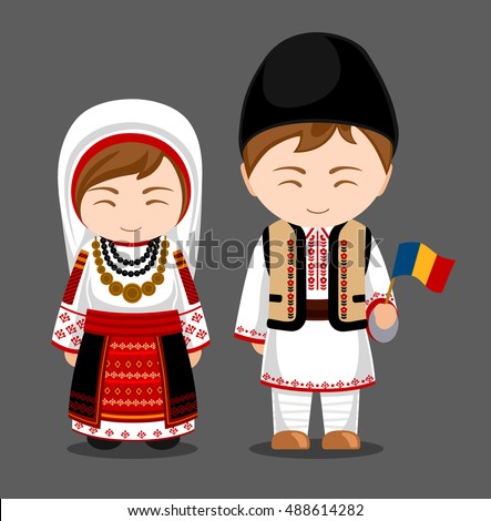 Romanians in national dress with a flag. Man and woman in traditional costume. Travel to Romania. People. Vector flat illustration.