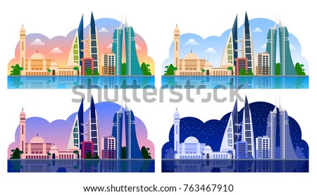 Manama. Bahrain. Horizontal panoramic view. Night, day, evening, dawn, sunset. City skyline. Vector flat illustrations.