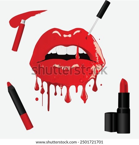 Lipstick advertisement cover vector illustration with red lips .Beautiful red liquid lipstick falling off lips. Lip liner,lipstick ad cover.