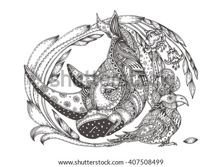 Hand Drawn Rhino And A Parrot With Ethnic Floral Doodle Pattern Coloring Book Page