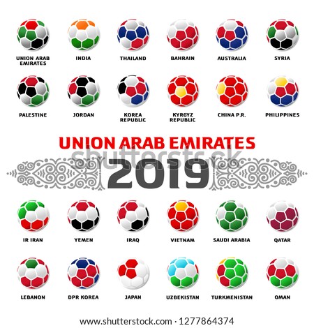 Vector illustration set of a soccer balls in the colors of the national flag. On the background of the football arena. 2018, 2019. Asian Football Cup, Club World Cup in the United Arab Emirates.