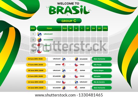 Vector illustration results and standing tables scoreboard championship tournament in Brasil. CONMEBOL Copa America 2019. Broadcast template. Soccer 2019 championship tournament.