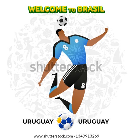 Vector illustration football player of Uruguay in the background of a pattern of Brazilian national symbols, animals and tropical plants. Championship Conmeball Copa America 2019 in Brazil. 