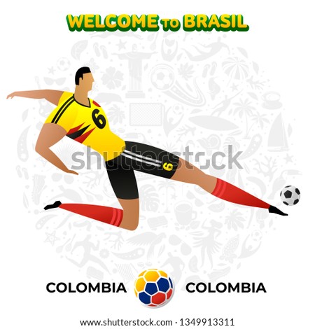 Vector illustration football player of Colombia in the background of a pattern of Brazilian national symbols, animals and tropical plants. Championship Conmeball Copa America 2019 in Brazil. 