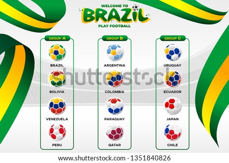 National flags in the form of soccer balls. Group tournament of the American Football Championship in Brazil. CONMEBOL Copa America 2019. Broadcast template. Football Championship 2019.